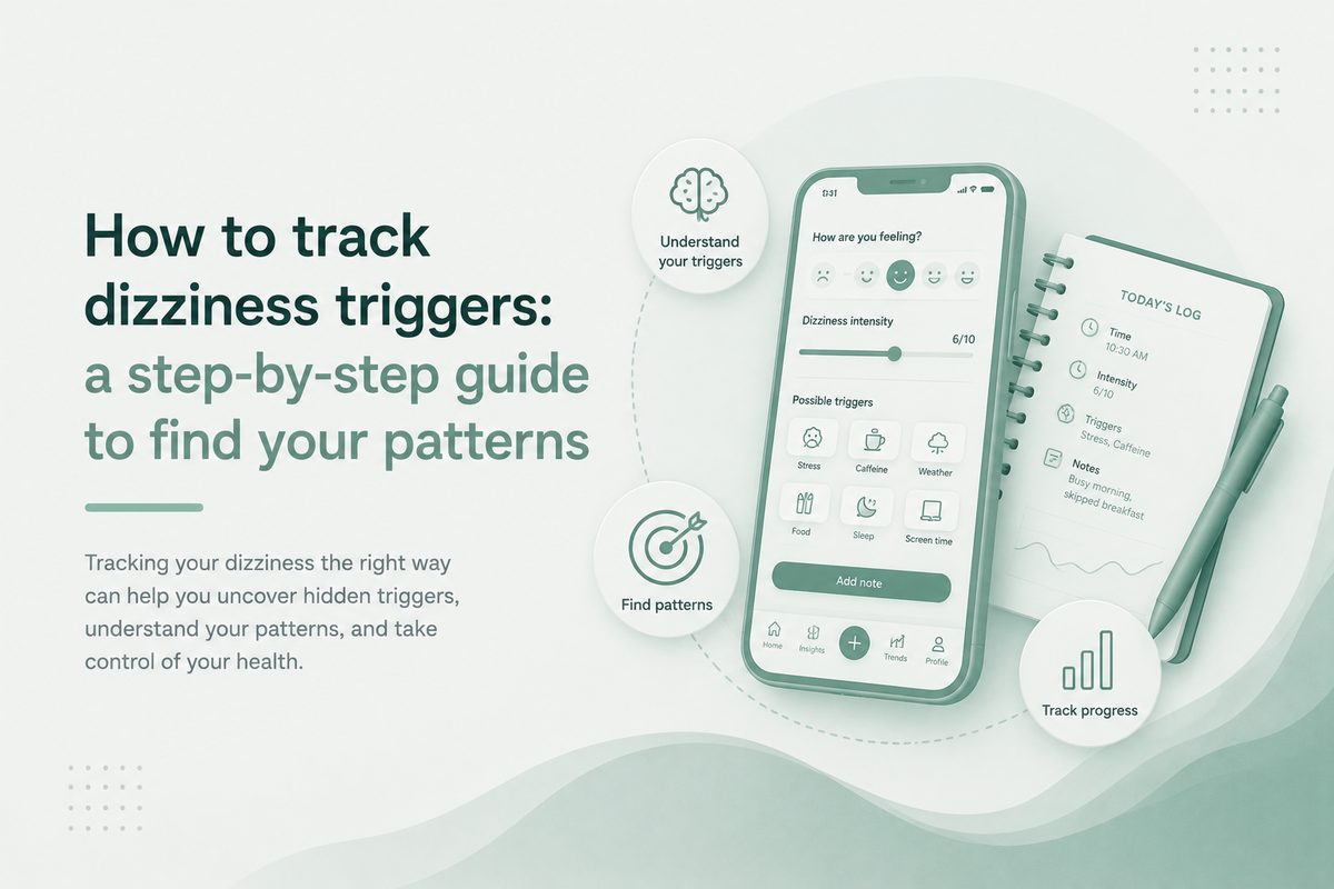 Tracking dizziness triggers in the Dizzin app: a phone showing steps to understand triggers, find patterns, and track progress