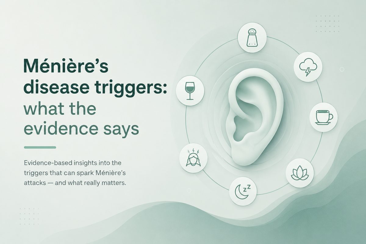 Ménière's disease triggers illustration: an ear encircled by icons for salt, weather, caffeine, alcohol, sleep and stress