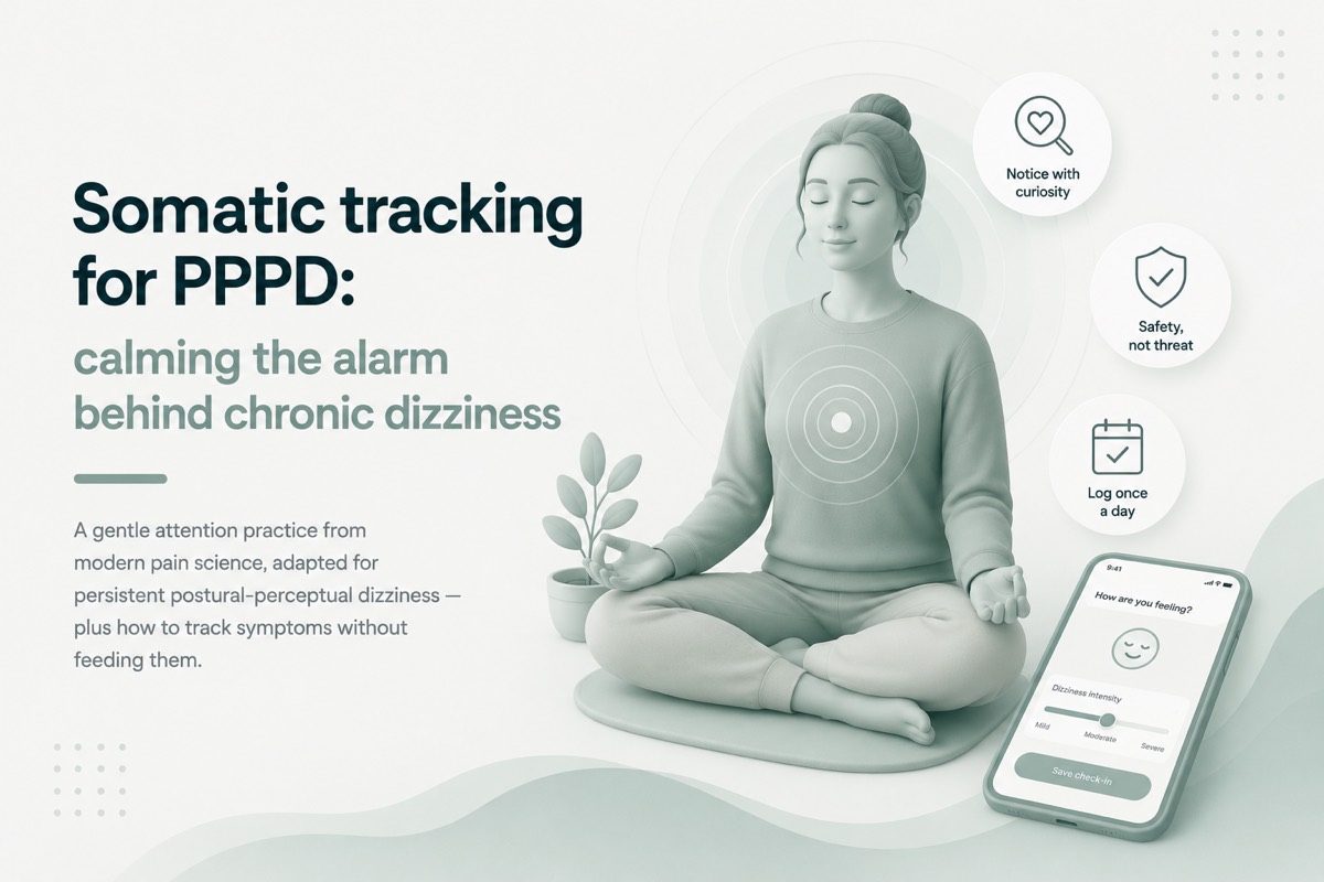 A person sitting calmly with eyes closed practising somatic tracking for PPPD, with a phone showing the Dizzin dizziness tracker nearby