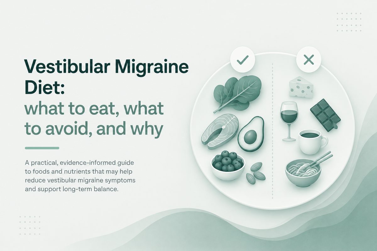Vestibular migraine diet illustration: foods to eat such as leafy greens, salmon and avocado versus foods to avoid like red wine, chocolate and aged cheese